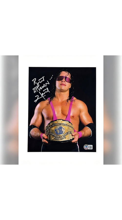 صورة بريت هارت موقعة WWE مقاس 8x10 وعليها إهداء "هيتمان" مع توقيع بيكيت