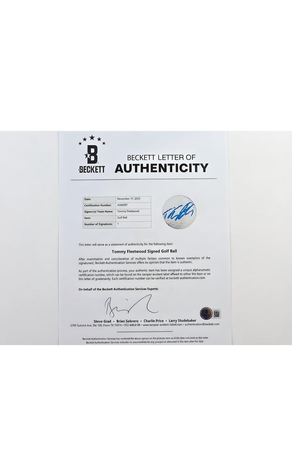 Tommy Fleetwood Signed The Open Golf Ball Authenticated by Beckett 2023
