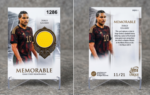 2024 Futera Unique Serge Gnabry MEMORABLE قطعة قماش مستخدمة في المباراة /21 #MEM11 أرسنال