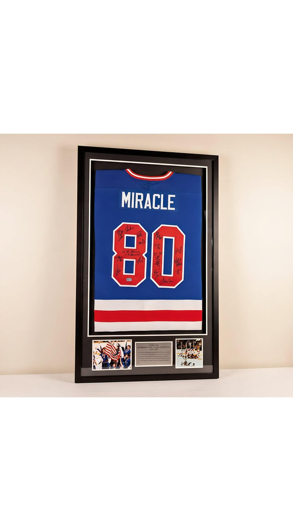 1980 Miracle on Ice USA Team Signed Jersey Beckett COA - With Frame