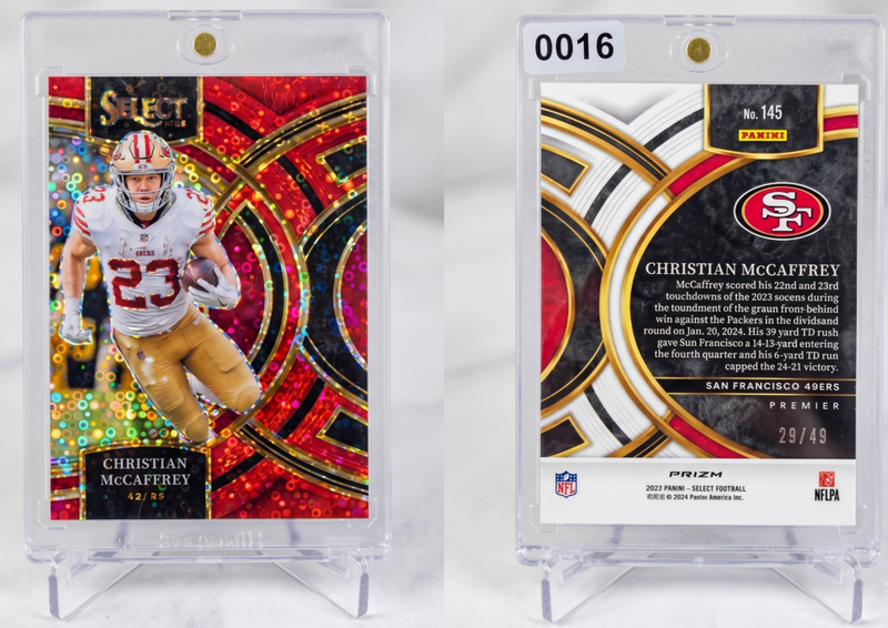 2023 Panini Select Christian McCaffrey Premier Level Orange Prizm /49 #145