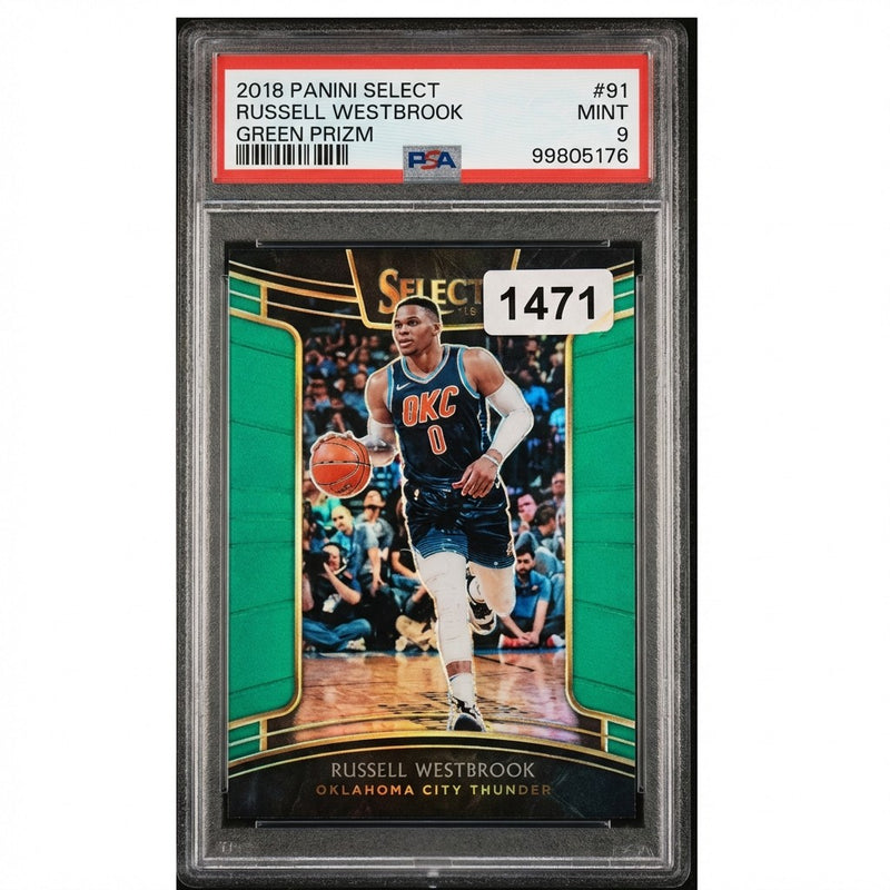 2018 Panini Select Russell Westbrook GREEN PRIZM #91 PSA 9 MINT تسلسلي 2/5 نادر