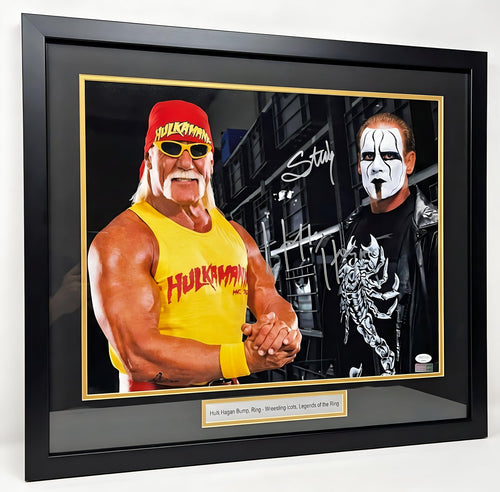 صورة موقعة بحجم 16x20 من WWE لهالك هوجان وستينغ: أساطير المصارعة تتصادم