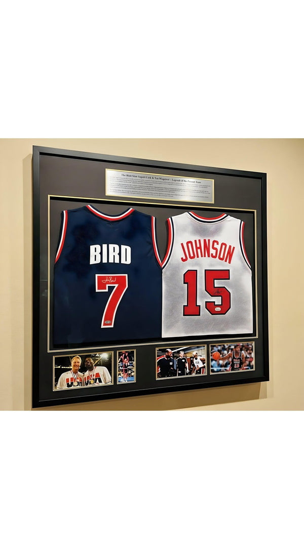 Dream Team Bird Johnson Signed USA Jerseys 92 Glory Elite - With Frame